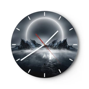 Relógio de parede - Relógio em vidro - Paisagem futurista com eclipse e rochas afiadas - 30x30cm - O fim da história - Decoração de parede moderna para a sala de estar, cozinha e quarto ARTTOR