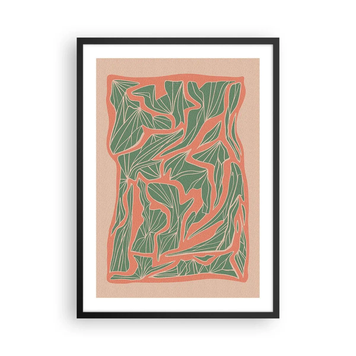 Pôster com moldura preta - Padrão de folhas abstratas em tons de verde e terracota - 50x70cm - A luta entre coral e vegetação - Decoração de parede moderna para a sala de estar e quarto ARTTOR