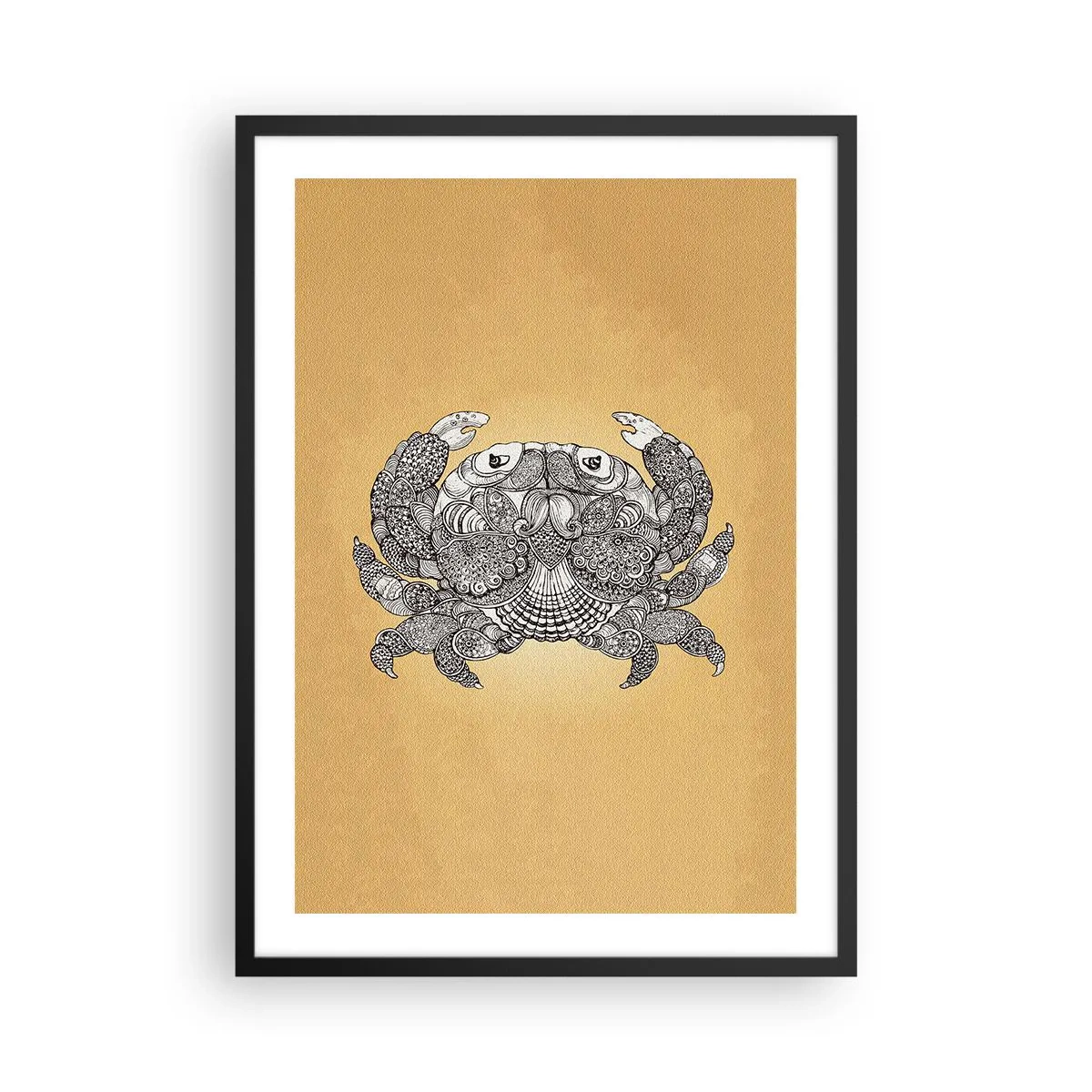 Pôster com moldura preta - Ilustração decorativa de um caranguejo com um padrão delicado sobre fundo dourado - 50x70cm - Contos do Sr. Caranguejo - Decoração de parede moderna para a sala de estar e quarto ARTTOR