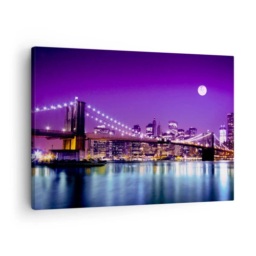 Quadro em tela - Ponte do Brooklyn à noite com a cidade iluminada e lua cheia - 70x50cm - Luzes de uma grande cidade em roxo - Decoração de parede moderna para a sala de estar e quarto ARTTOR