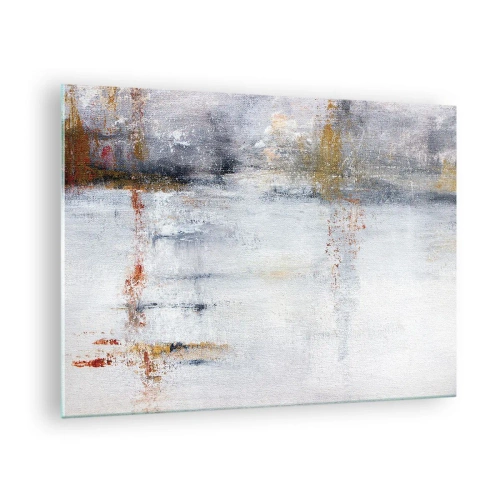 Quadro em vidro - Uma pintura abstrata com uma combinação sutil de cinza, branco e dourado. - 70x50cm - Atrás da cortina de ar - Decoração de parede moderna para a sala de estar e quarto ARTTOR