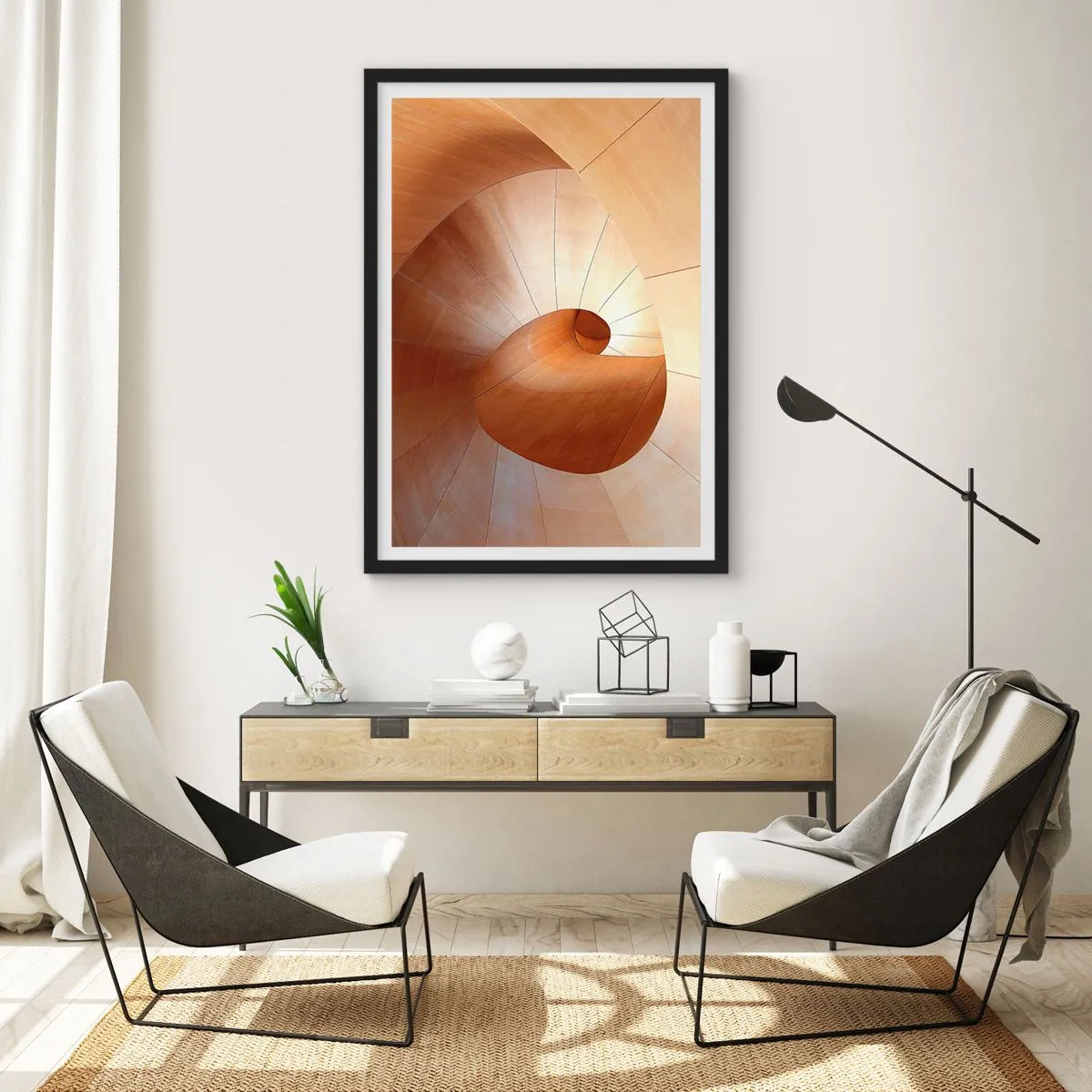 Pôster com moldura preta - Estrutura espiral de madeira com tonalidade dourada - 50x70cm - Serpentina arquitetônica - Decoração de parede moderna para a sala de estar e quarto ARTTOR