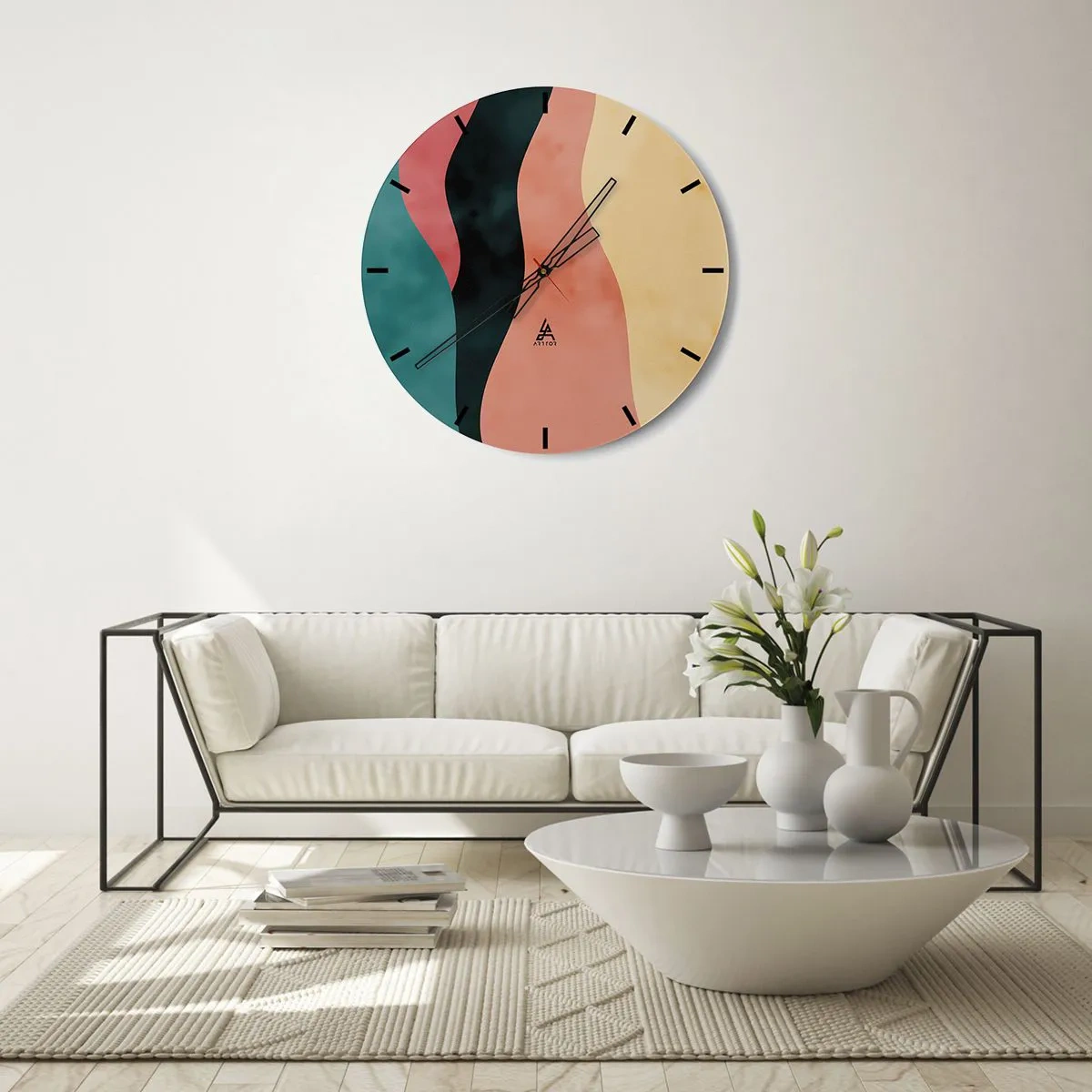 Relógio de parede - Relógio em vidro - Listras onduladas coloridas em tons de turquesa, preto, rosa e amarelo - 30x30cm - Incompatibilidade compatível - Decoração de parede moderna para a sala de estar, cozinha e quarto ARTTOR