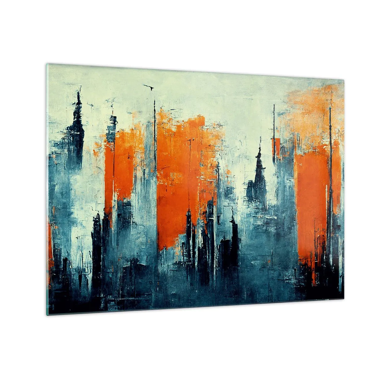Quadro em vidro - Um panorama urbano moderno em tons de cinza e laranja - 70x50cm - Paisagem moderna - Decoração de parede moderna para a sala de estar e quarto ARTTOR