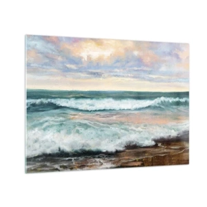 Quadro em vidro - Uma pintura representando ondas quebrando contra a costa - 70x50cm - Aqui suavizas a alma - Decoração de parede moderna para a sala de estar e quarto ARTTOR