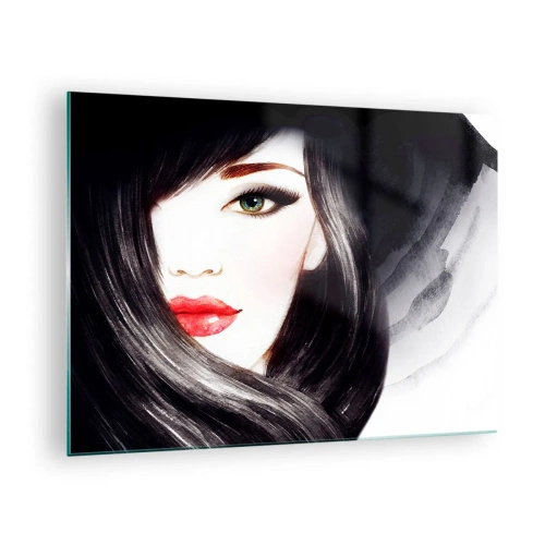 Quadro em vidro - Retrato de uma mulher com cabelos pretos e lábios vermelhos expressivos - 70x50cm - Olhar de safira - Decoração de parede moderna para a sala de estar e quarto ARTTOR