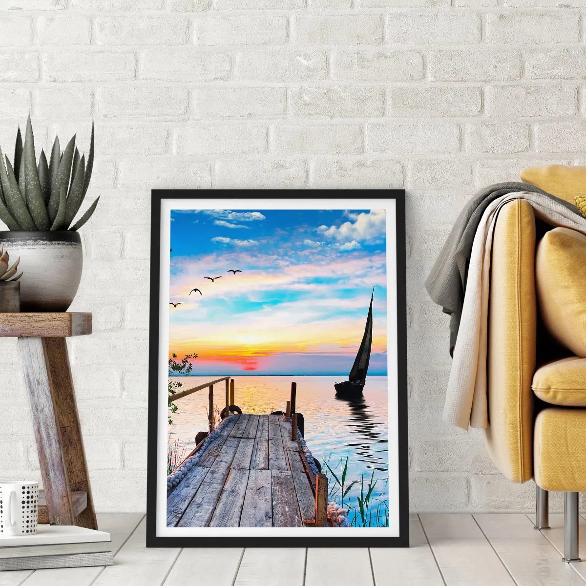 Pôster com moldura preta - Píer à beira do lago ao pôr do sol - 50x70cm - Boa noite - Decoração de parede moderna para a sala de estar e quarto ARTTOR
