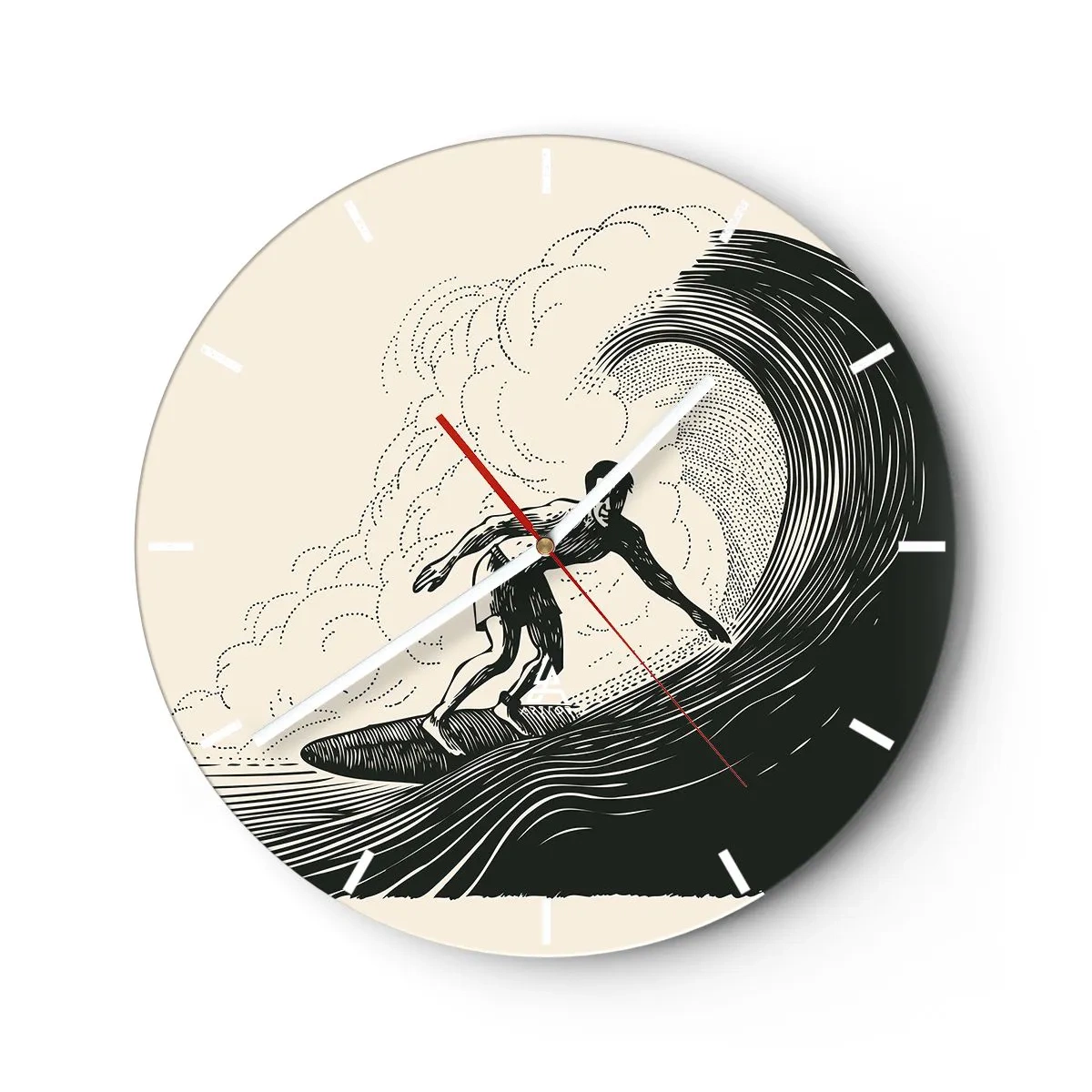 Relógio de parede - Relógio em vidro - Surfista numa onda retrô - 30x30cm - Rei da onda - Decoração de parede moderna para a sala de estar, cozinha e quarto ARTTOR