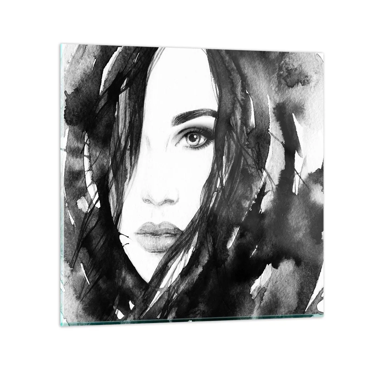 Quadro em vidro - Retrato de uma dama a preto e branco - 30x30 cm