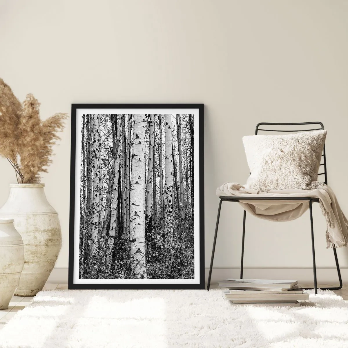 Pôster com moldura preta - Bétulas pretas e brancas formam uma floresta simétrica - 50x70cm - Colunata de bétula - Decoração de parede moderna para a sala de estar e quarto ARTTOR