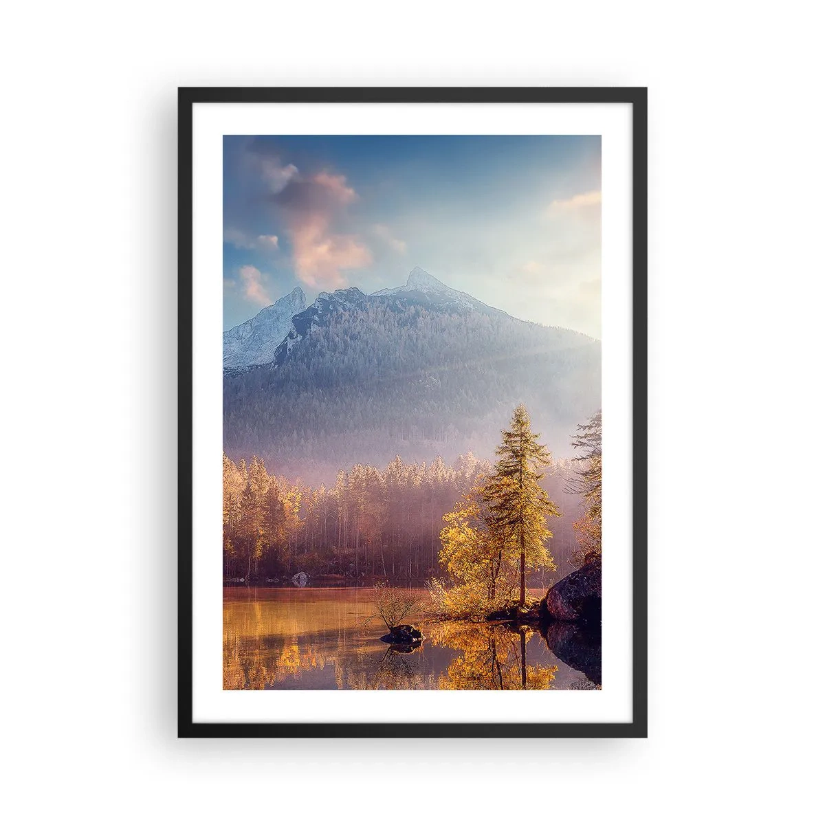 Pôster com moldura preta - Paisagem montanhosa de outono com reflexo no lago - 50x70cm - Nas montanhas e vales - Decoração de parede moderna para a sala de estar e quarto ARTTOR