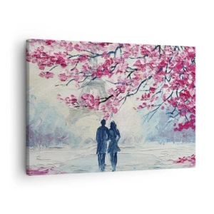 Quadro em tela - Um casal sob árvores cor-de-rosa floridas em um ambiente romântico - 70x50cm - Passeio romântico - Decoração de parede moderna para a sala de estar e quarto ARTTOR