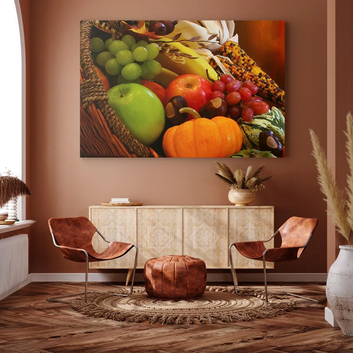 Quadro em tela - Uma cesta de frutas, abóboras e milho em um fundo de cores de outono. - 70x50cm - O cesto da colheita - Decoração de parede moderna para a sala de estar e quarto ARTTOR