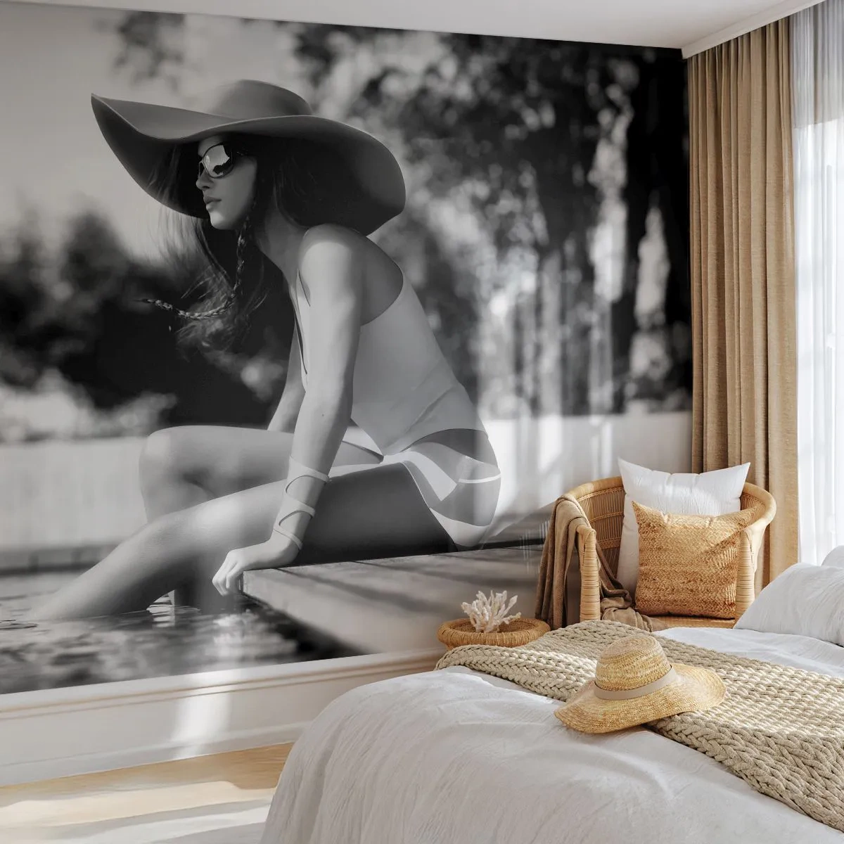 Papel de Parede Autocolante Deluxe Sticker - Sonho de verão - Mulher, Chapéu, Piscina - 250x175 cm