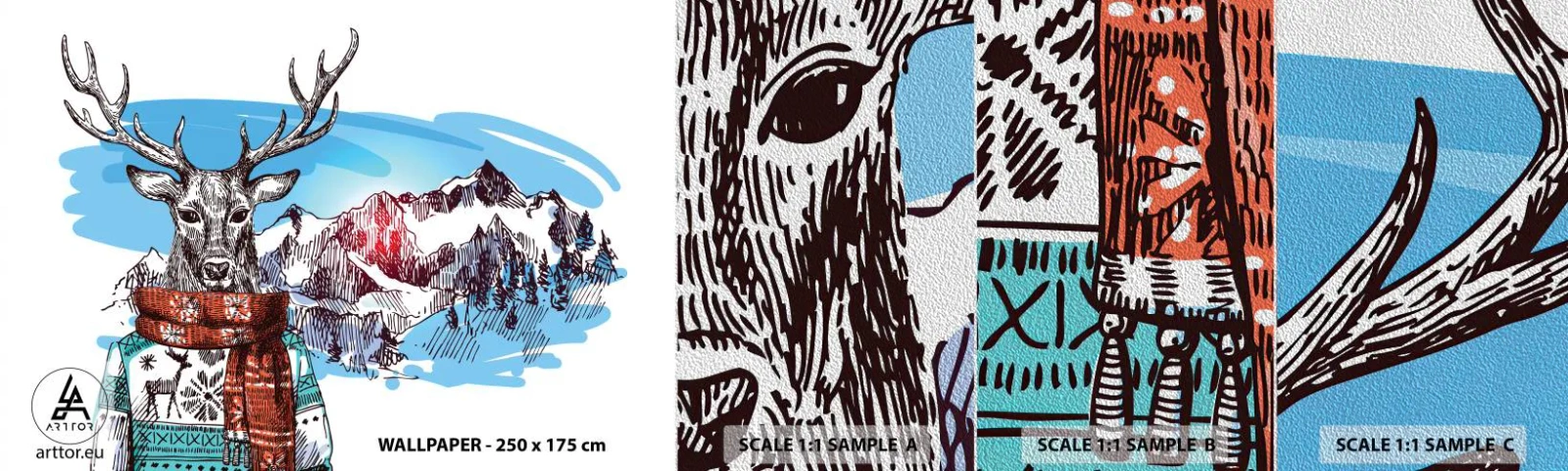 Amostra de papel de parede Premium Sand - Nem o veado passa frio - Abstração, Cervo, Para crianças - 100x30 cm