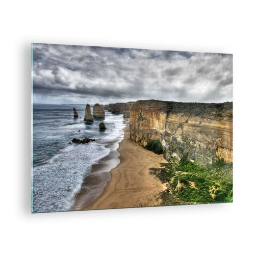 Quadro em vidro - Penhascos com vista para o oceano e a praia sob um céu nublado - 70x50cm - Beleza crua - Decoração de parede moderna para a sala de estar e quarto ARTTOR