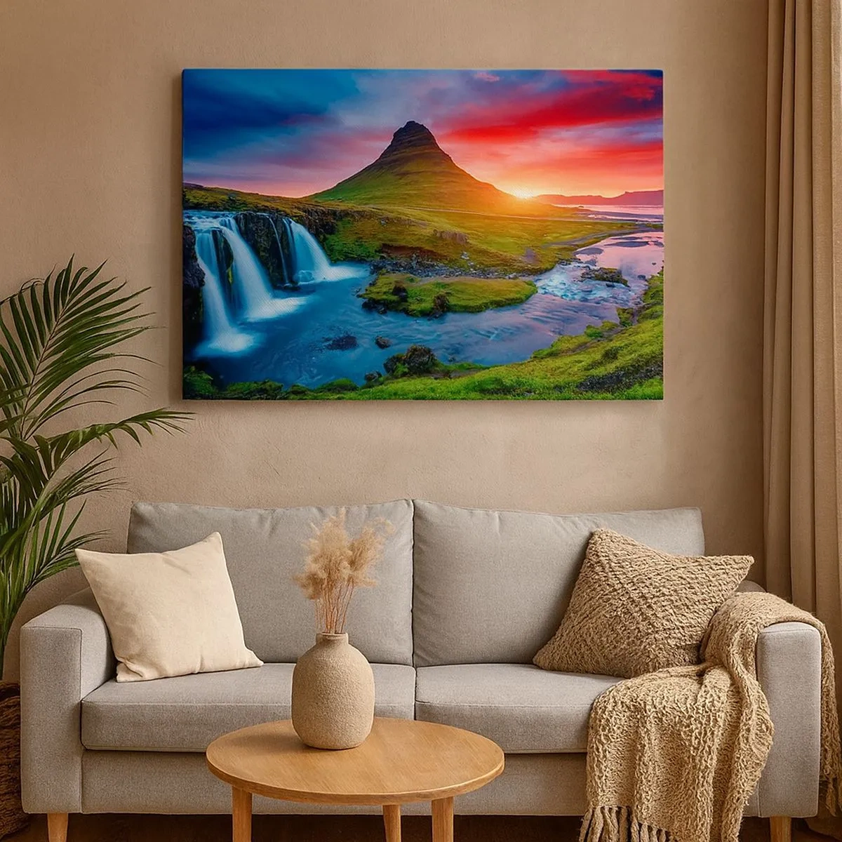 Quadro em tela - Cachoeira pitoresca e montanha ao pôr do sol - 70x50cm - Islândia - fogo e água - Decoração de parede moderna para a sala de estar e quarto ARTTOR