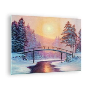 Quadro em vidro - Paisagem de inverno com uma ponte sobre um rio ao pôr do sol - 70x50cm - Quatro estações - inverno - Decoração de parede moderna para a sala de estar e quarto ARTTOR