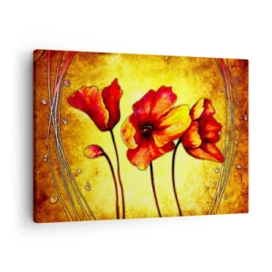 Quadro em tela - Flores vermelhas e amarelas sobre fundo dourado com padrões decorativos - 70x50cm - Decoração da secessão  - Decoração de parede moderna para a sala de estar e quarto ARTTOR