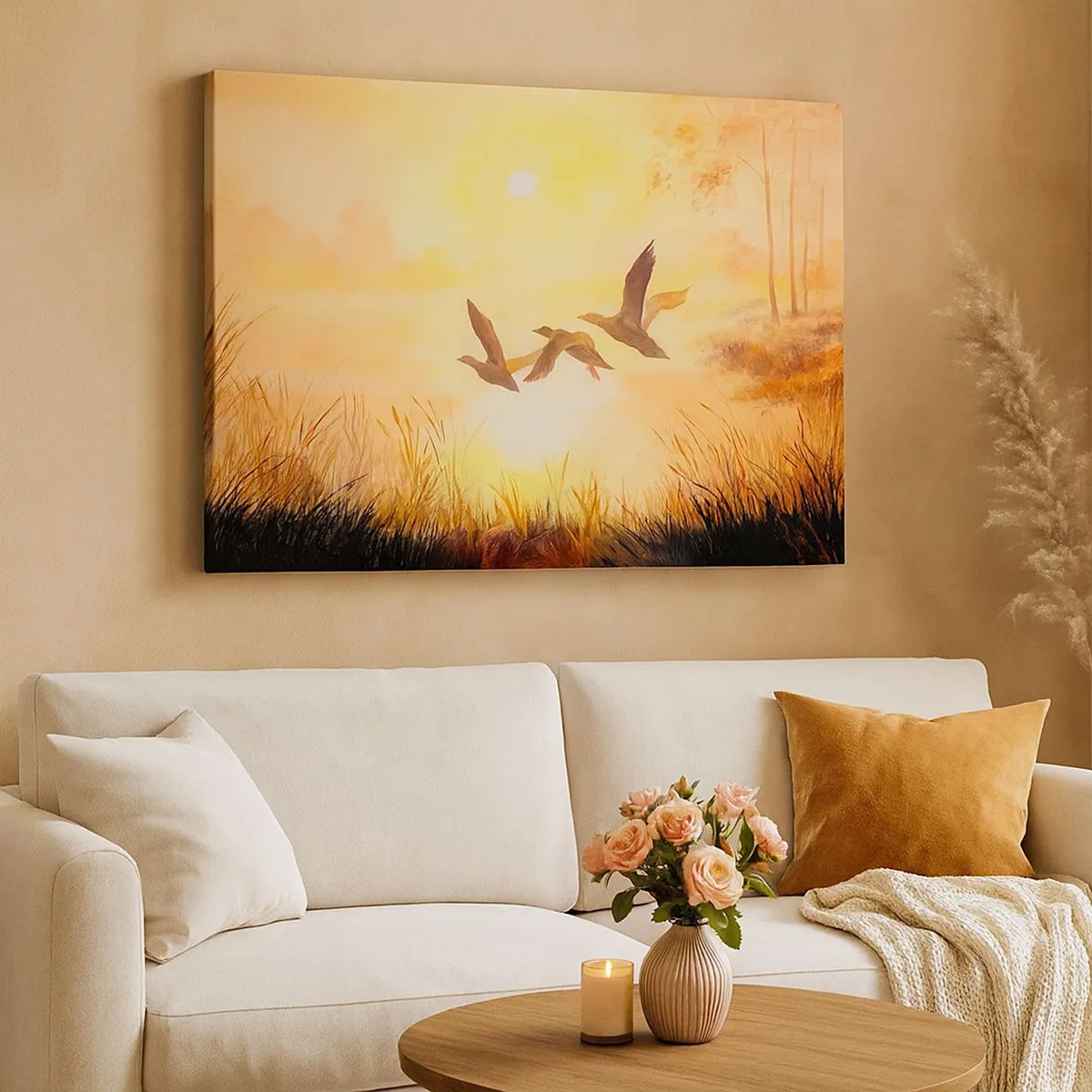 Quadro em tela - Patos voando ao nascer do sol sobre o lago - 70x50cm - O início de uma longa viagem - Decoração de parede moderna para a sala de estar e quarto ARTTOR