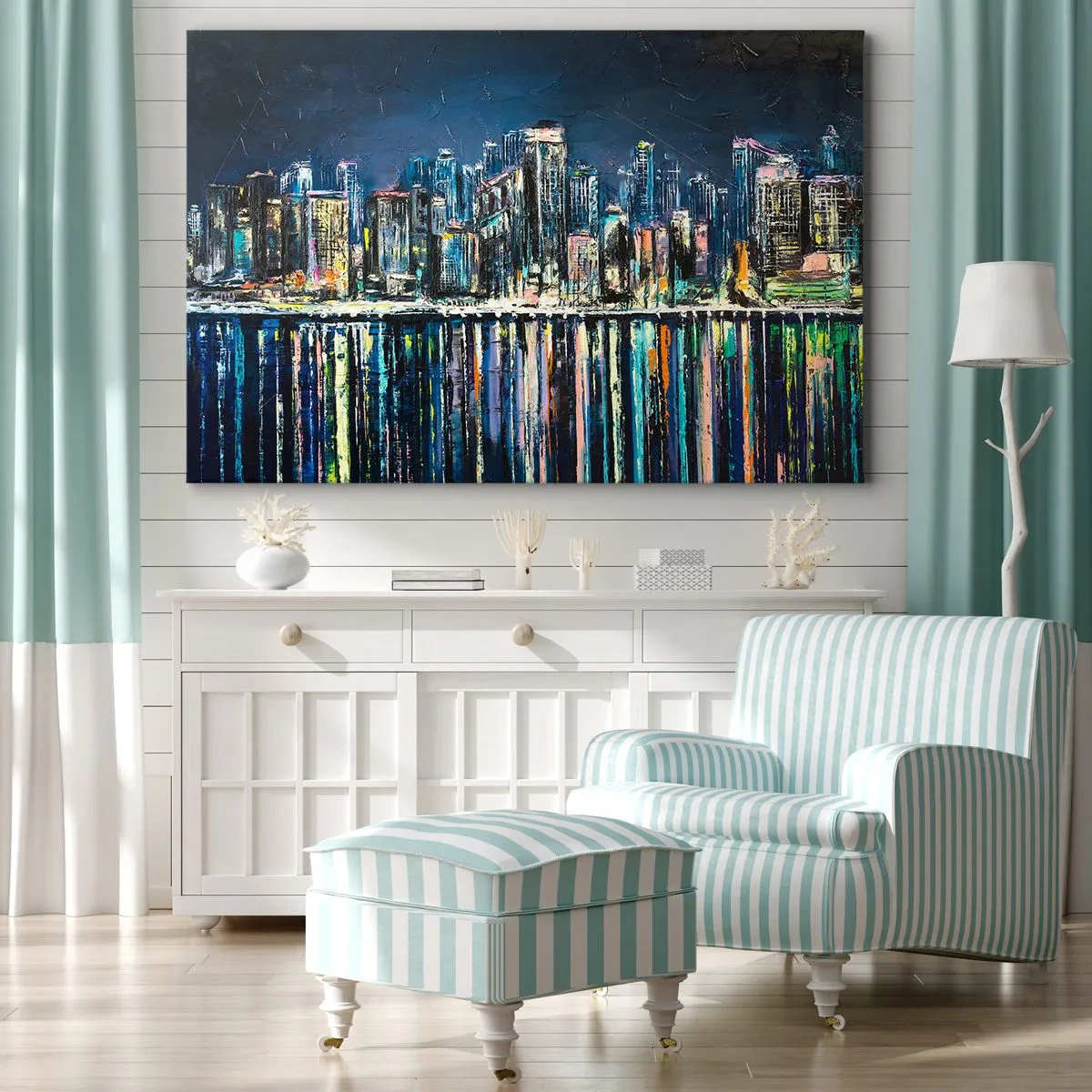 Quadro em tela - Panorama da cidade noturna refletida na água - 70x50cm - Cascata de luzes - Decoração de parede moderna para a sala de estar e quarto ARTTOR