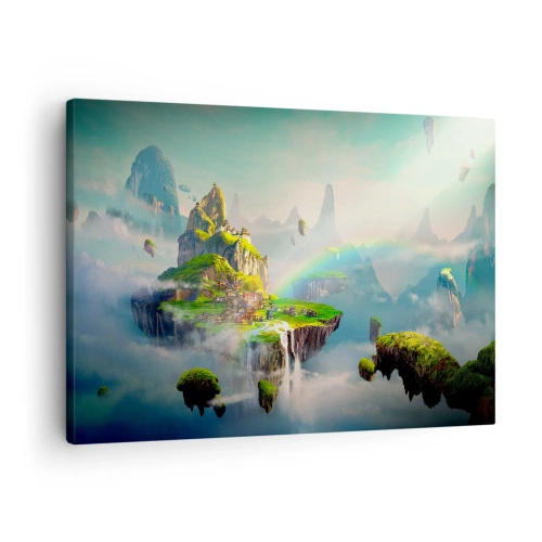 Quadro em tela - Ilhas voadoras entre as nuvens com um arco-íris no horizonte - 70x50cm - Meio do céu - as ilhas felizes - Decoração de parede moderna para a sala de estar e quarto ARTTOR