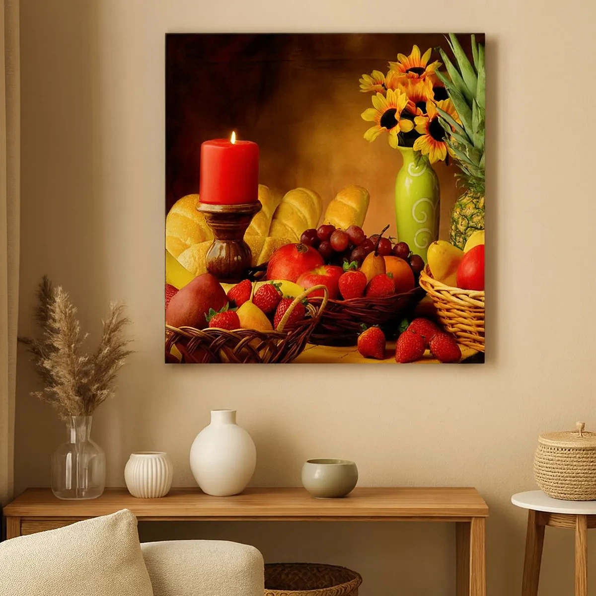 Quadro em tela - Natureza morta com pão e fruta - 30x30 cm