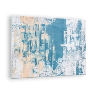 Quadro em vidro - Abstração em azul e bege com textura de pincel - 70x50cm - Através da estalactite de gelo - Decoração de parede moderna para a sala de estar e quarto ARTTOR