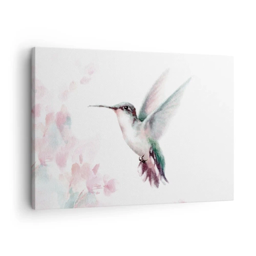 Quadro em tela - Um beija-flor em delicadas cores pastéis sobre um fundo de flores - 70x50cm - Preso em agitação - Decoração de parede moderna para a sala de estar e quarto ARTTOR