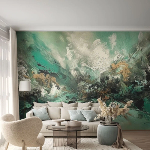 Papel de Parede Standard Eco - Abstração pictórica em tons de esmeralda e preto - 100x70cm - Surf esmeralda e preto - Decoração de parede moderna para a sala de estar e quarto ARTTOR