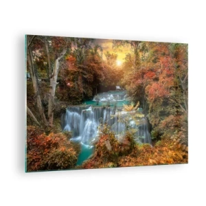 Quadro em vidro - Uma cachoeira pitoresca cercada por uma floresta de outono ao pôr do sol - 70x50cm - O tesouro escondido da floresta - Decoração de parede moderna para a sala de estar e quarto ARTTOR