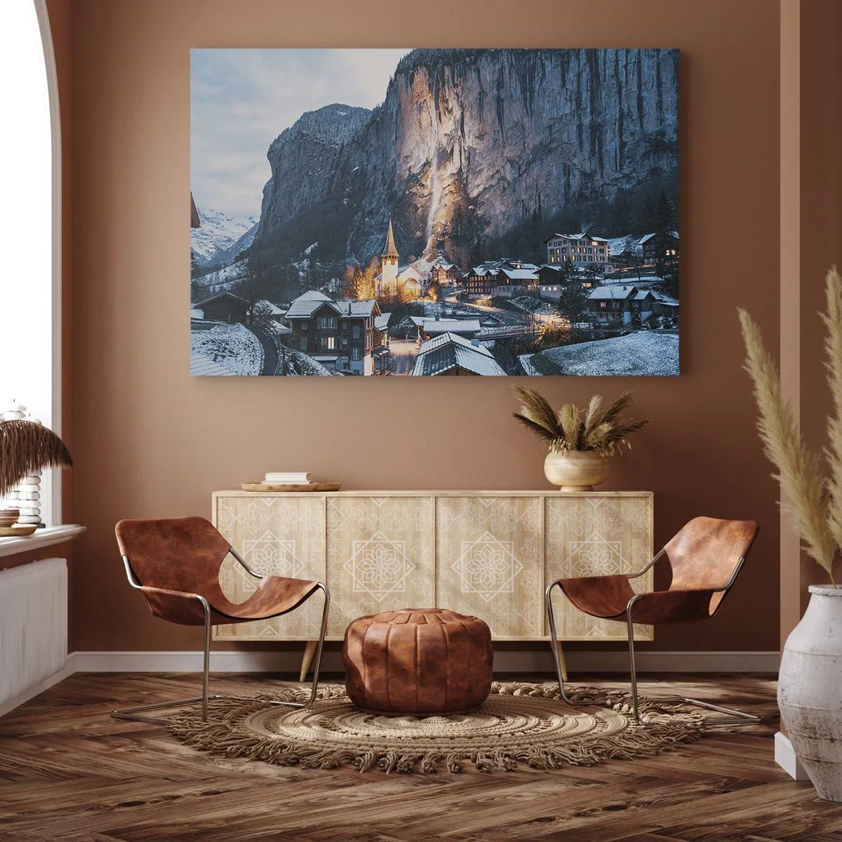 Quadro em tela - Uma pitoresca vila de inverno cercada por montanhas - 70x50cm - O espírito luminoso do inverno - Decoração de parede moderna para a sala de estar e quarto ARTTOR
