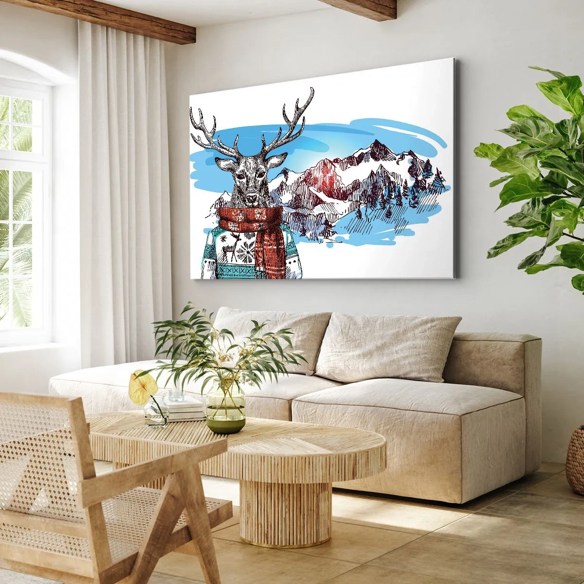 Quadro em tela - Um veado com um suéter de inverno contra uma paisagem montanhosa - 70x50cm - Nem o veado passa frio - Decoração de parede moderna para a sala de estar e quarto ARTTOR