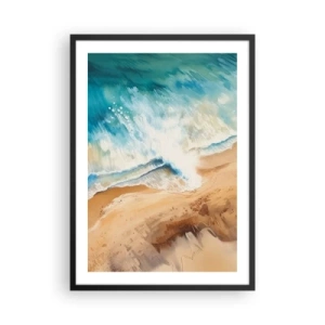 Pôster com moldura preta - Uma cena abstrata de uma onda quebrando na praia em tons de turquesa e areia. - 50x70cm - A onda que retorna - Decoração de parede moderna para a sala de estar e quarto ARTTOR