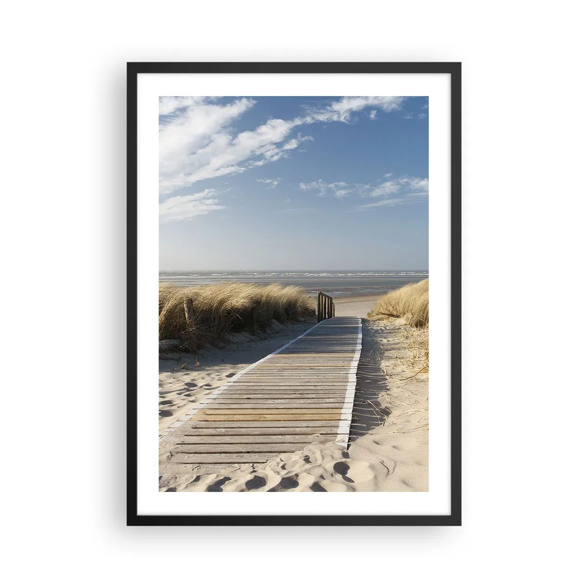 Pôster com moldura preta - Caminho de praia através das dunas com céu azul - 50x70cm - Atrás da duna, ao som da relva - Decoração de parede moderna para a sala de estar e quarto ARTTOR