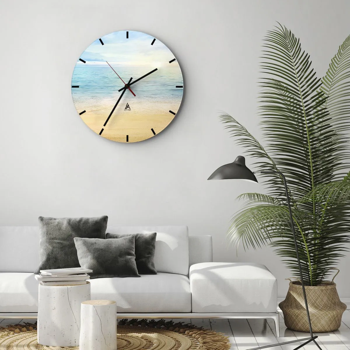 Relógio de parede - Relógio em vidro - Uma praia tranquila com mar azul e céu limpo - 30x30cm - Grande azul - Decoração de parede moderna para a sala de estar, cozinha e quarto ARTTOR