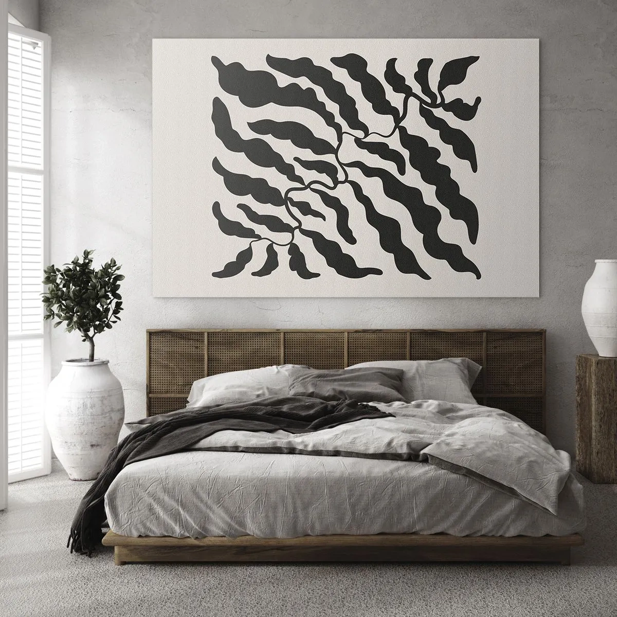 Quadro em vidro - Arte botânica com folhas pretas orgânicas - 70x50cm - A natureza da praça - Decoração de parede moderna para a sala de estar e quarto ARTTOR