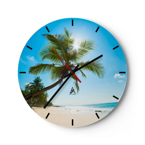 Relógio de parede - Relógio em vidro - Praia tropical com palmeiras e um céu azul iluminado pelo sol - 30x30cm - Não mostre a ninguém - Decoração de parede moderna para a sala de estar, cozinha e quarto ARTTOR