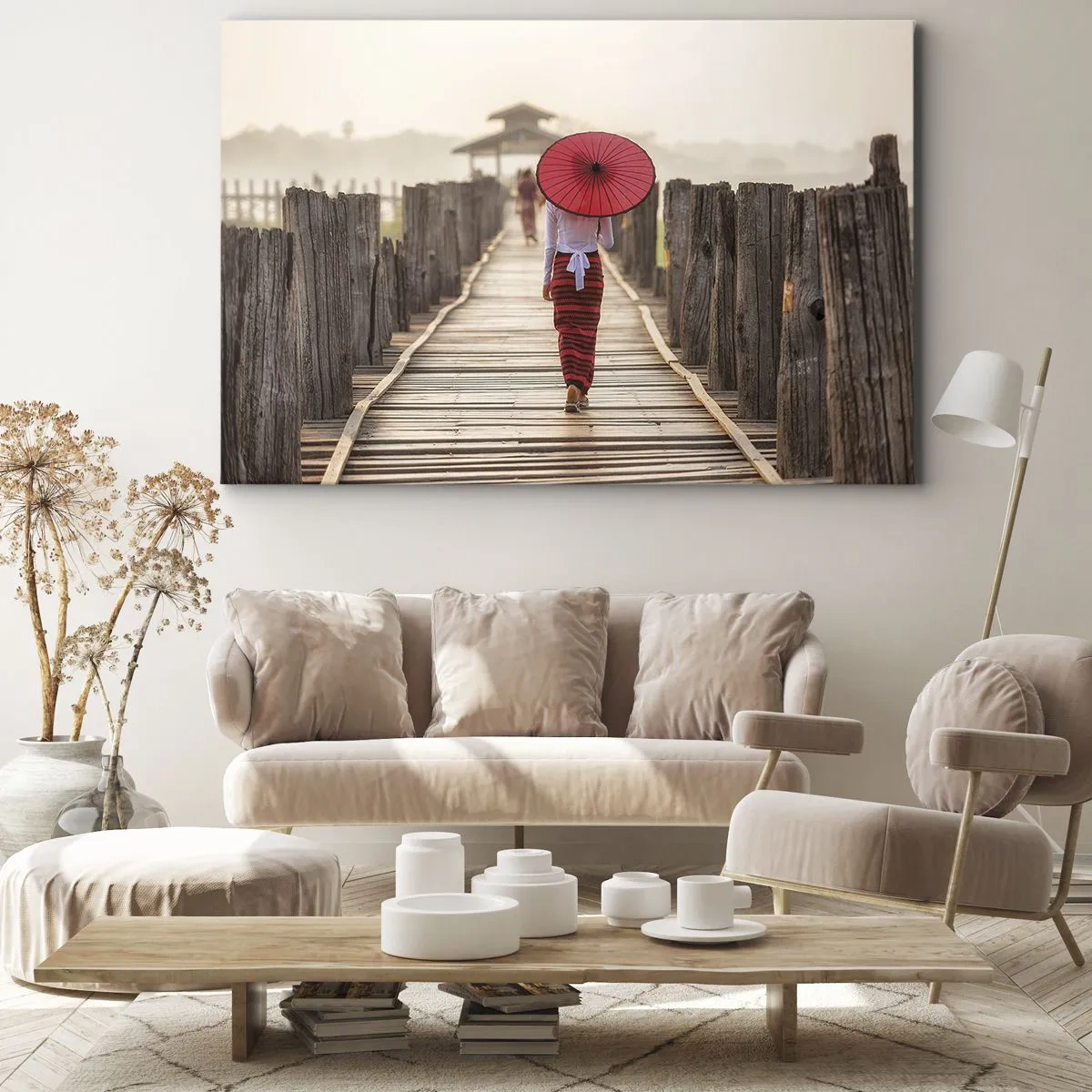 Quadro em tela - Uma mulher com um guarda-chuva vermelho em uma ponte de madeira - 70x50cm - Na ponte velha - Decoração de parede moderna para a sala de estar e quarto ARTTOR