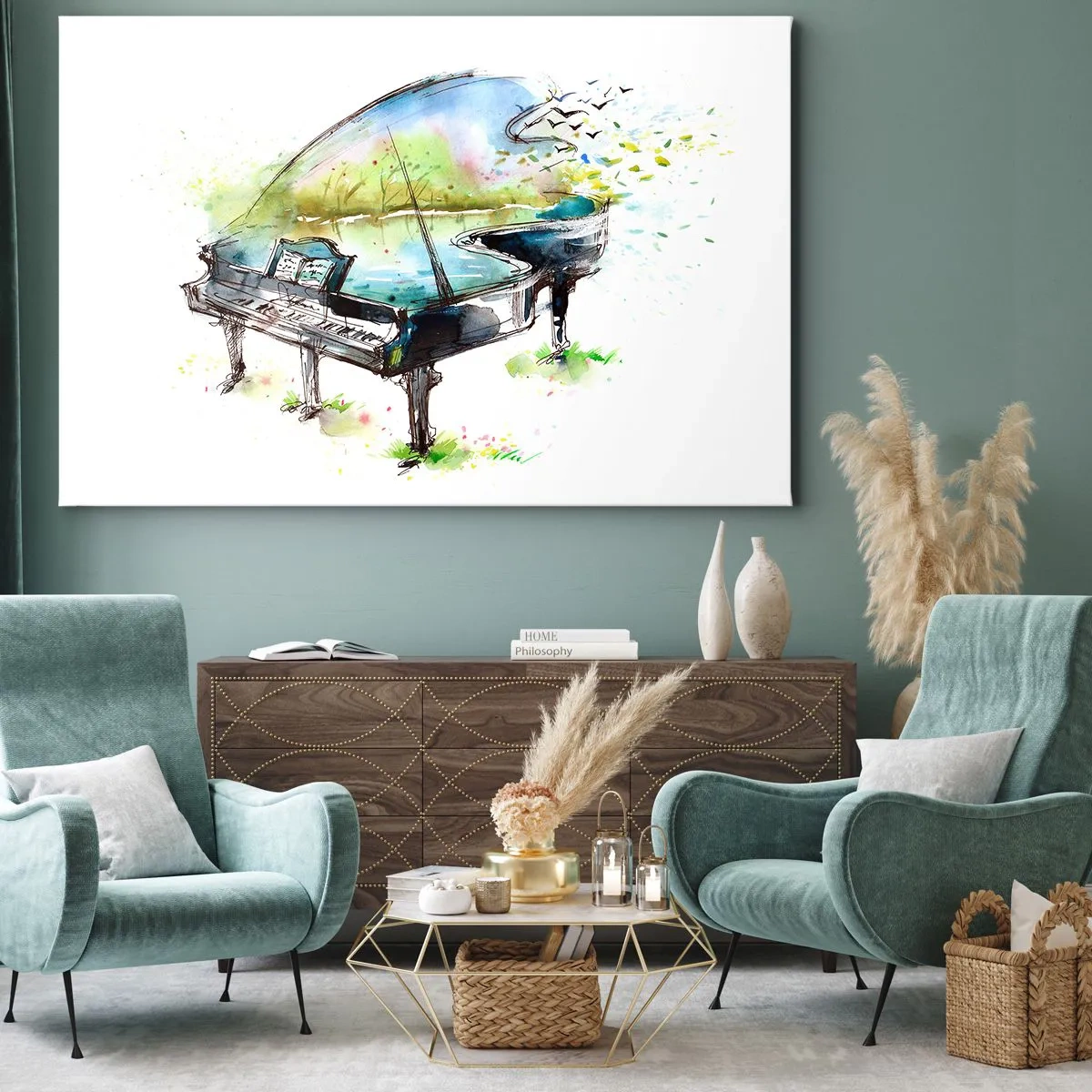 Quadro em tela - Pintura artística em aquarela de um piano com a natureza ao fundo - 70x50cm - Encantado pela música - Decoração de parede moderna para a sala de estar e quarto ARTTOR