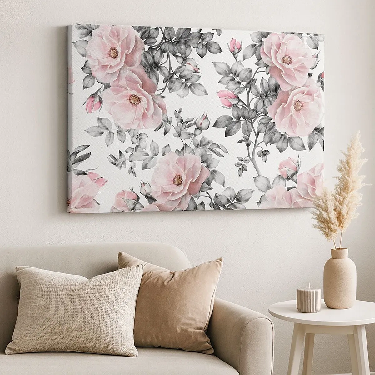 Quadro em tela - Rosas e folhas cor de rosa em um delicado fundo preto e branco - 70x50cm - Perder-se nas rosas - Decoração de parede moderna para a sala de estar e quarto ARTTOR