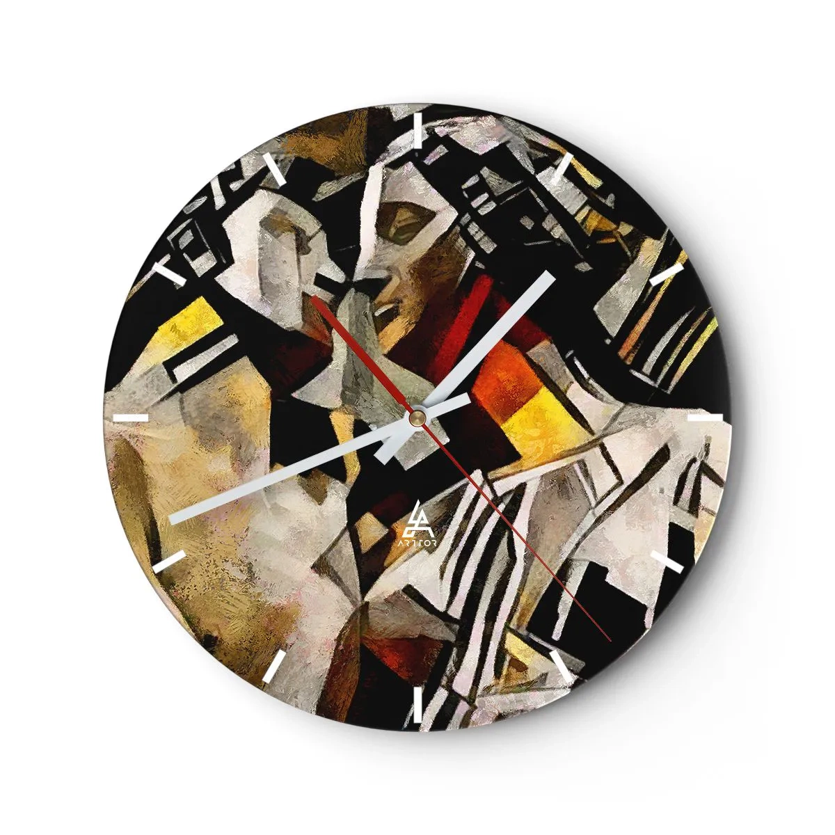 Relógio de parede - Relógio em vidro - Representação cubista de duas figuras em formas abstratas - 30x30cm - Beijo da estátua - Decoração de parede moderna para a sala de estar, cozinha e quarto ARTTOR
