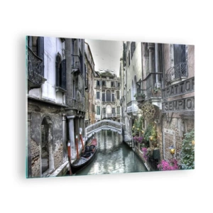 Quadro em vidro - Vista romântica de um canal veneziano com uma gôndola - 70x50cm - Há séculos em devaneio silencioso - Decoração de parede moderna para a sala de estar e quarto ARTTOR