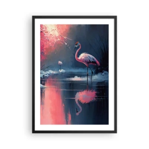 Pôster com moldura preta - Flamingos em um lago calmo - 50x70cm - O retiro de um pássaro - Decoração de parede moderna para a sala de estar e quarto ARTTOR
