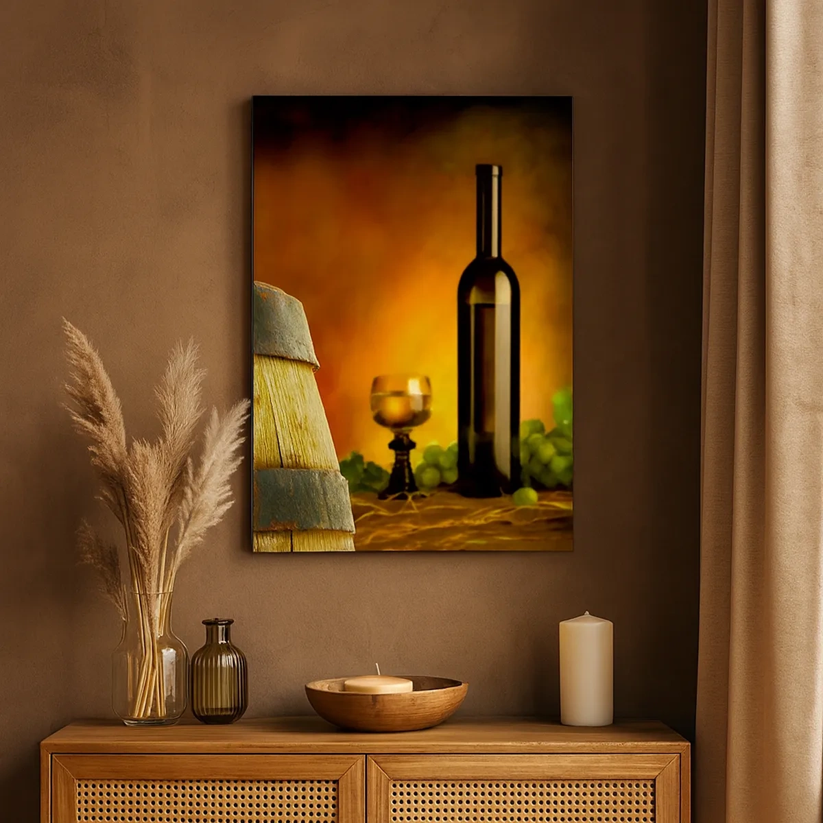 Quadro em tela - Natureza morta com uma garrafa de vinho e um cacho de uvas - 50x70 cm