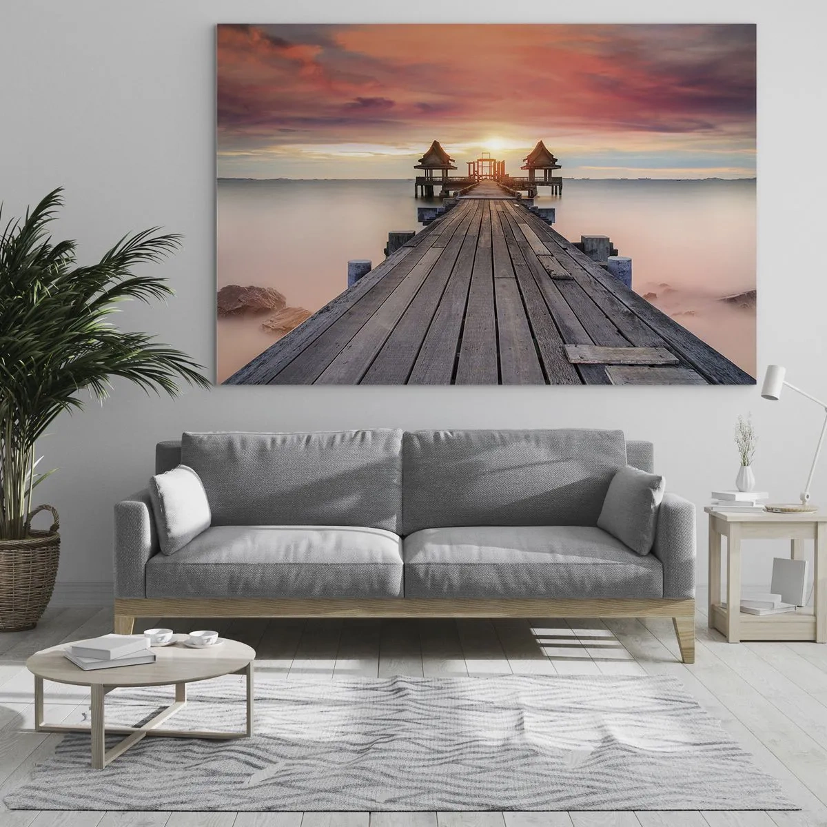 Quadro em vidro - Píer de madeira que leva aos mirantes à beira-mar ao pôr do sol - 70x50cm - De oeste para leste - Decoração de parede moderna para a sala de estar e quarto ARTTOR