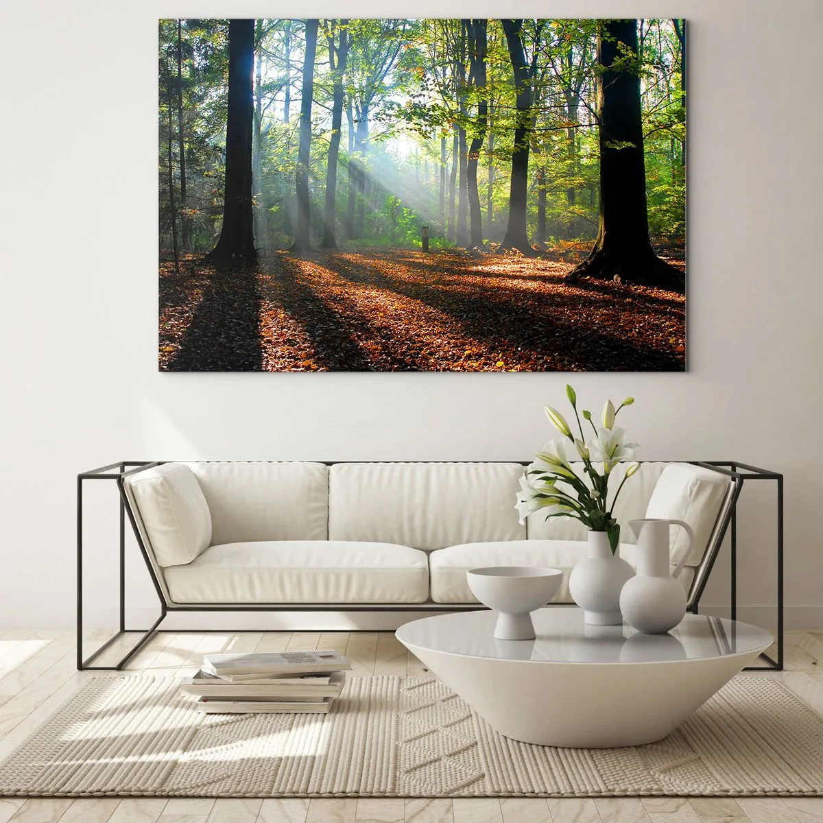 Quadro em vidro - Uma floresta sob os raios do sol em uma paisagem de outono - 70x50cm - Luzes e sombras - Decoração de parede moderna para a sala de estar e quarto ARTTOR