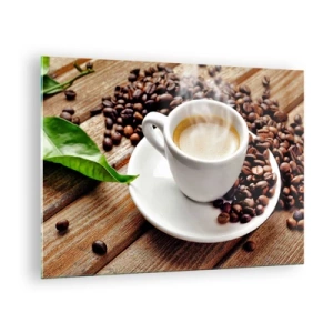 Quadro em vidro - Uma xícara de café cercada por grãos sobre uma mesa de madeira - 70x50cm - Pausa para um café - Decoração de parede moderna para a sala de estar e quarto ARTTOR