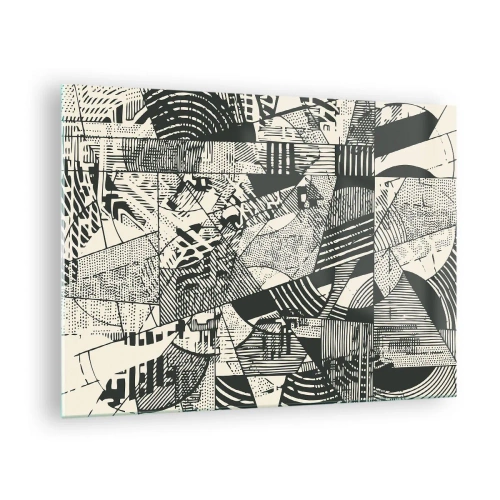 Quadro em vidro - Abstração em preto e branco com padrões geométricos dinâmicos - 70x50cm - A dinâmica do presente - Decoração de parede moderna para a sala de estar e quarto ARTTOR