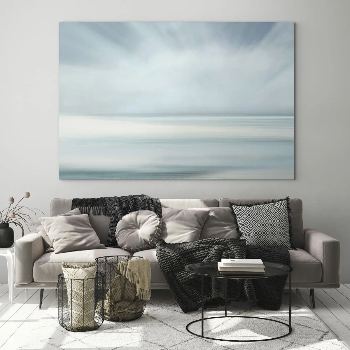 Quadro em vidro - Abstração desfocada em tons de azul, branco e cinza - 70x50cm - Paz ao horizonte - Decoração de parede moderna para a sala de estar e quarto ARTTOR